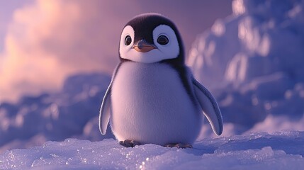 Adorable baby penguin standing on icy terrain with a serene, colorful sky in the background