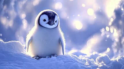 Adorable baby penguin standing on snow-covered ground with a soft, dreamy background