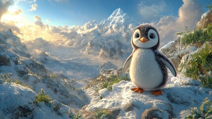 A cute animated penguin standing on a snowy mountain peak, surrounded by a stunning winter landscape