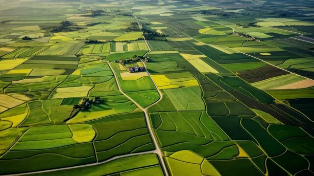 Aerial view of vast, patchwork farmland with vibrant green and yellow fields, ideal for a video showcasing agricultural landscapes from above.