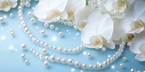 Light blue background with white flowers and pearls, empty space in the center for text