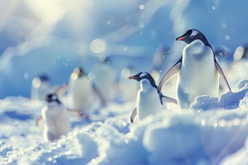 some penguins in the arctic walking around on the north pole 