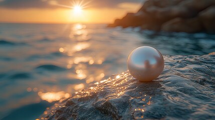 A luminous pearl resting on a wet rock by the ocean at sunset, with shimmering water reflections