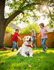 Obraz premium Kids playing joyfully with a happy dog in a backyard