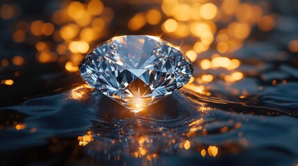 A sparkling diamond resting on a reflective surface, illuminated by warm bokeh lights in the background