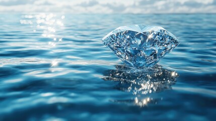 Sparkling diamond resting on calm ocean water under a bright sky with soft clouds