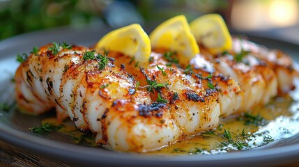 Grilled seafood dish served on a plate with lemon slices and herbs in a cozy outdoor setting