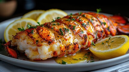 Grilled lobster tail garnished with herbs and lemon slices on a plate, evoking a gourmet dining experience