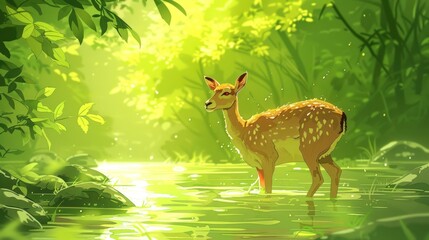A serene scene of a deer standing in a sunlit forest by a tranquil water source.