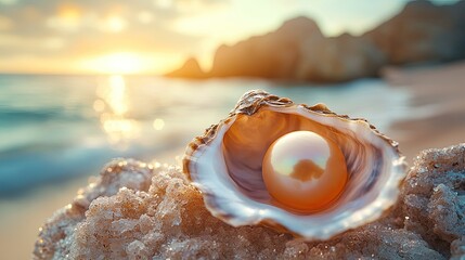 A stunning close-up of a pearl inside an open oyster on a beach at sunset, with gentle waves in the background