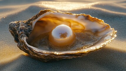 Close-up of an open oyster revealing a lustrous pearl on a sandy beach at sunset