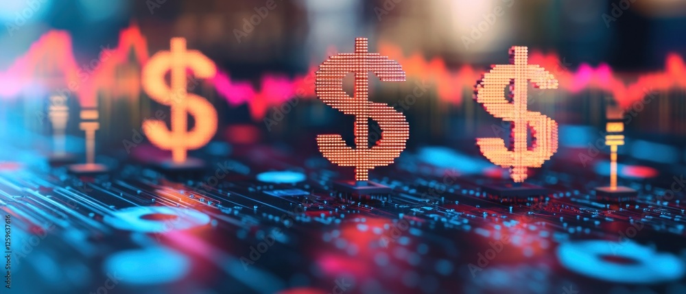Poster digital financial data with dollar symbols and graphs