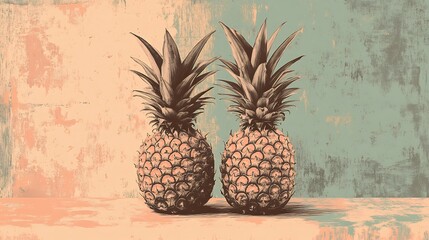 Vintage Style Twin Pineapples Softly Lit. AI Generated
