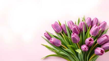 Obraz premium Minimalistic composition of fresh pale purple tulips with copyspace. Delicate spring bouquet 