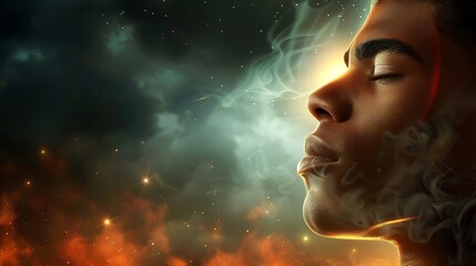 Mystical double exposure portrait of a young black man infused with surreal fog textures and glowing celestial accents producing a dreamlike depth