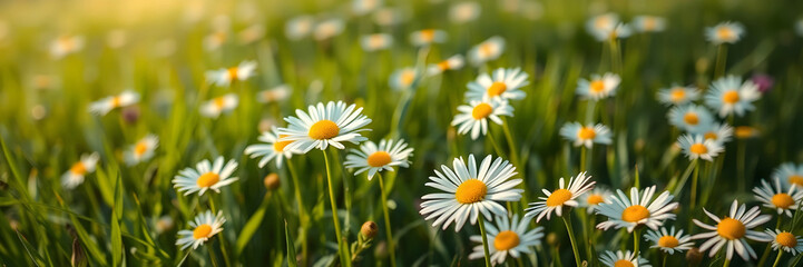 Fototapeta premium Aesthetic scenic daisies field. Seasonal background