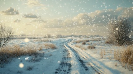 Obraz premium Snowy country road at sunset; winter landscape