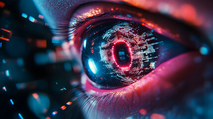 of a robotic eye scanning biometric data with digital code overlays 