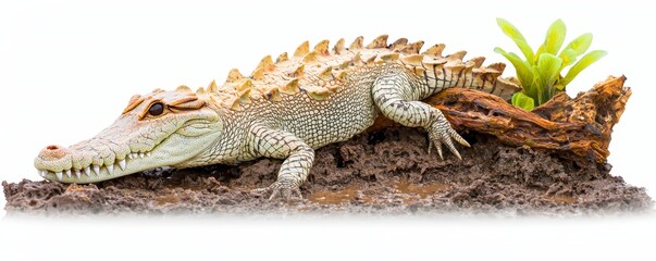 Obraz premium Crocodile resting on muddy terrain with green foliage against for unique wildlife image showcasing nature's beauty and detail.