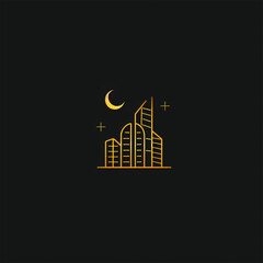 Naklejka premium Simple Building Black Moon Background Neon Logo