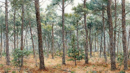 Obraz premium Serene Forest Scene with Tall Trees and Soft Sunlight Filtering Through Leaves