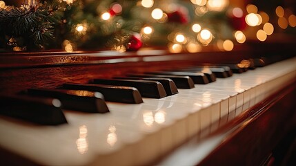 Close-up view of piano keys adorned with holiday decorations and warm glowing lights