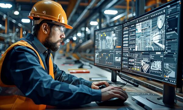 Factory worker monitors production, digital displays, industrial background, automation control