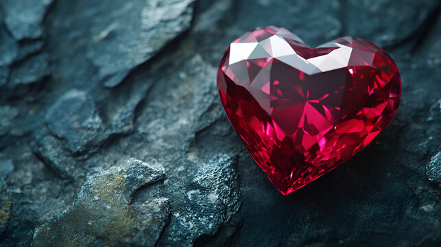 Valentine's day banner. Ruby gemstone heart shape on dark background. ai generative