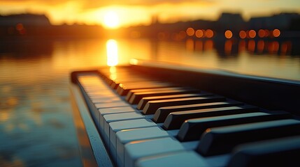Close-up of piano keys in the foreground with a sunset reflecting on water in the background