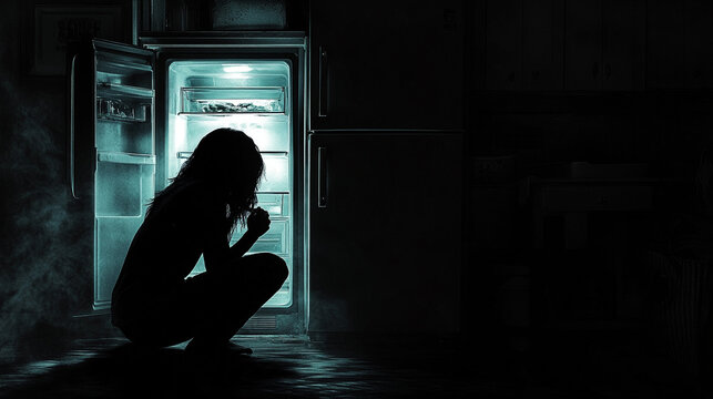 Dark silhouette layout of a woman sitting asian squat eating in front of an open fridge pitch dark background Poltergeist style halloween folklore