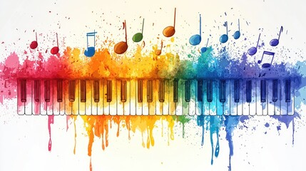 Vibrant watercolor piano keys with musical notes, creating a colorful artistic expression