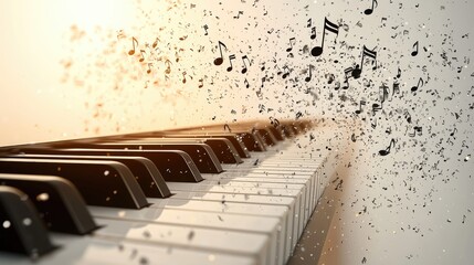 A close-up view of a piano keyboard with musical notes floating and dispersing in the air