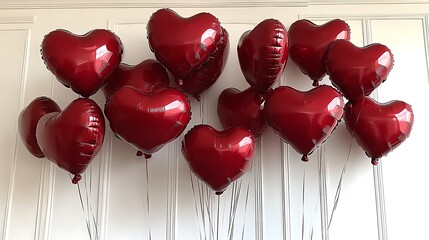 Red heart shaped balloons arranged on a white wall