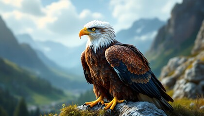 Majestic Bald Eagle Perched in Mountain Landscape, Wildlife Observation