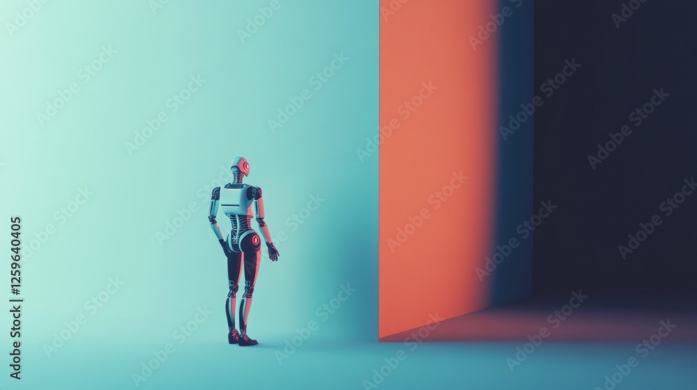 Aufkleber robot standing in a minimalist scene contemplating two contrasting paths