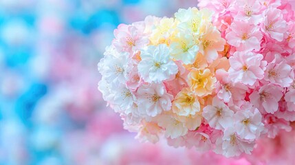 Fototapeta premium Pastel pink and white cherry blossoms bloom in close-up during spring against a soft blue background.
