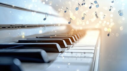 Close-up of piano keys with floating musical notes and a soft bokeh background