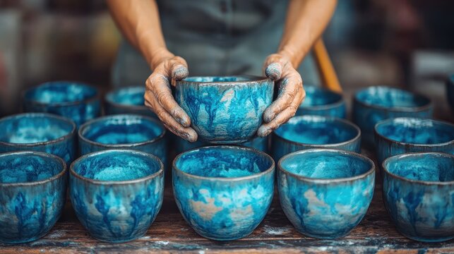Artisan hands hold a teal-glazed ceramic bowl. Showcases handcrafted pottery and the artistry of ceramic making.