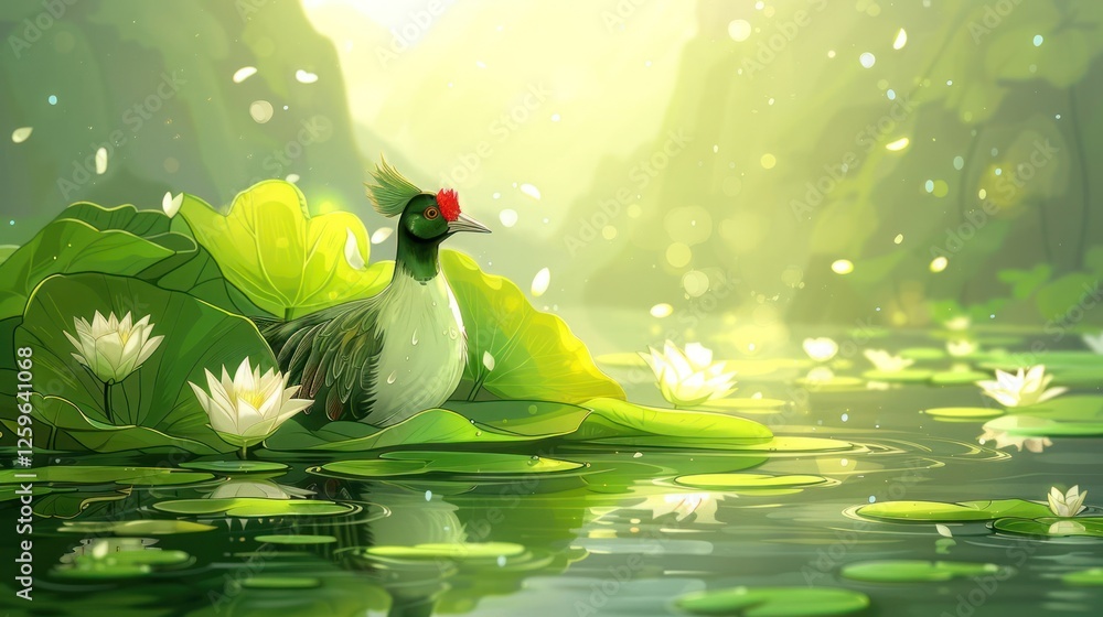 Poster a serene scene of a duck resting on lily pads in a tranquil water setting.
