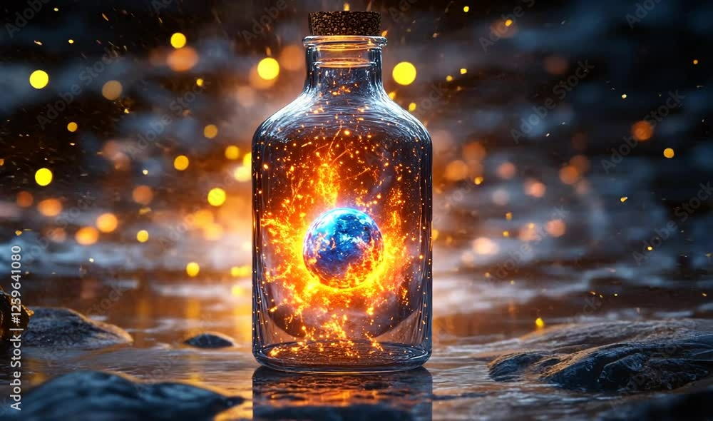 Poster a glowing bottle containing a vibrant planet, surrounded by sparkling particles in a mystical settin