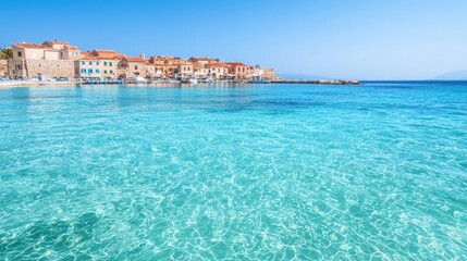 Fototapeta premium Mediterranean, harbor, tradition, A stunning coastal scene featuring clear turquoise waters and charming buildings along the shore under a bright blue sky.
