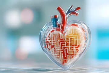 A human heart with a maze pattern inside, in colorful ink on a blur background