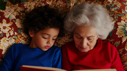 A senior woman and a young boy sharing a moment of reading, seated close on a floral couch creating a warm and familial atmosphere.