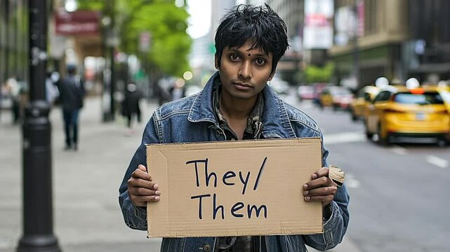 Non-binary person holding a They/Them sign