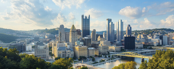 Obraz premium panoramic view of large city skyline featuring modern skyscrapers, lush greenery, and river. scene captures vibrant urban landscape under bright blue sky with fluffy clouds