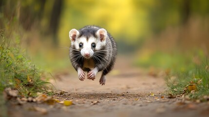 Opossum with a white spot on its face running down a dirt road