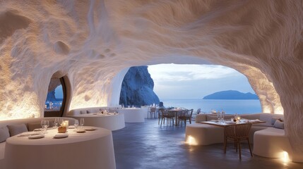 Obraz premium Luxurious cave restaurant interior with white walls, soft lighting, and panoramic sea views.