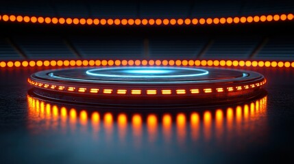 Futuristic stage arena, glowing lights, product display