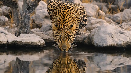 Leopard View of a drinking water from a lake
