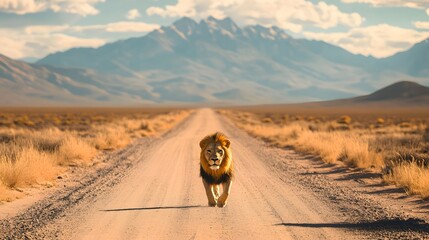 Lion walks down a dirt road in the desert